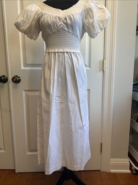 A.L.C. White Puff-Sleeve Smocked Waist Midi Dress